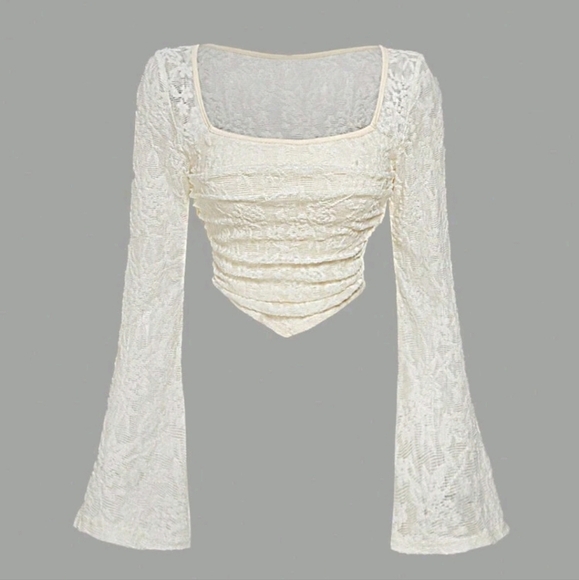 Cream Flare Sleeve Square Collar Ruffle Trim Hem T-Shirt,Long Sleeve Top - Picture 1 of 4